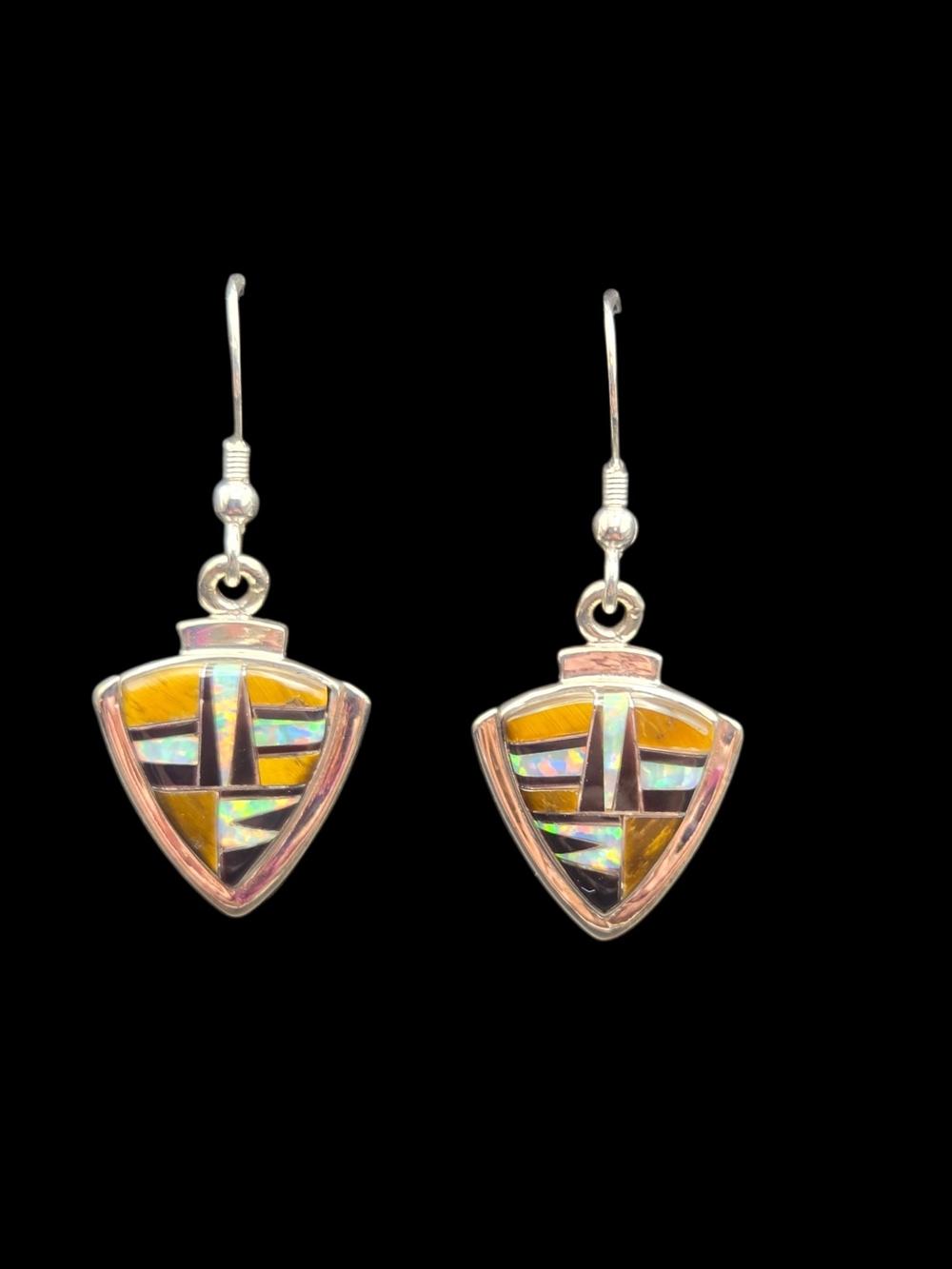 Sterling Shield Drop Earrings with Yellow and Iridescent Inlay